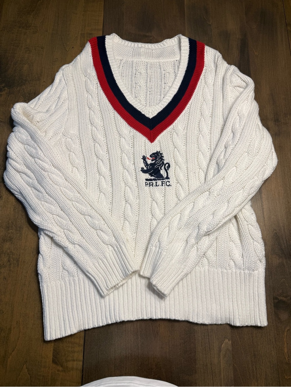 Polo by Ralph Lauren White Cable-Knit V-Neck Sweater with Red & Navy Trim